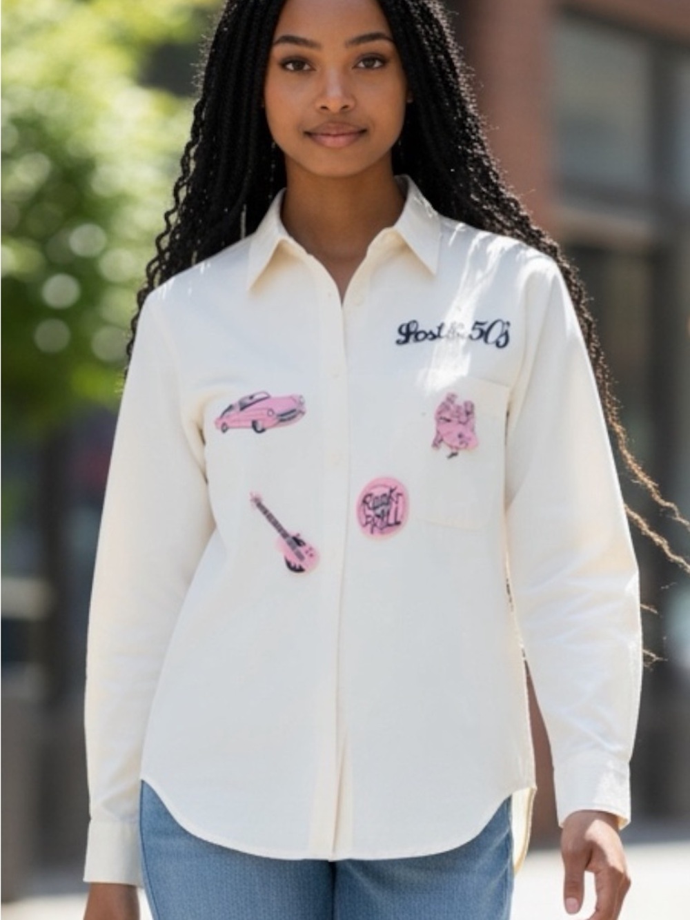 Las Olas Post 50s Cream Button-Down Shirt with Pink Patch Details